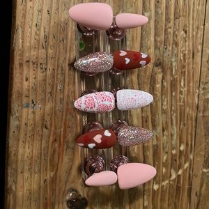 Custom made gel press-on nails. Pink Valentines nails.
